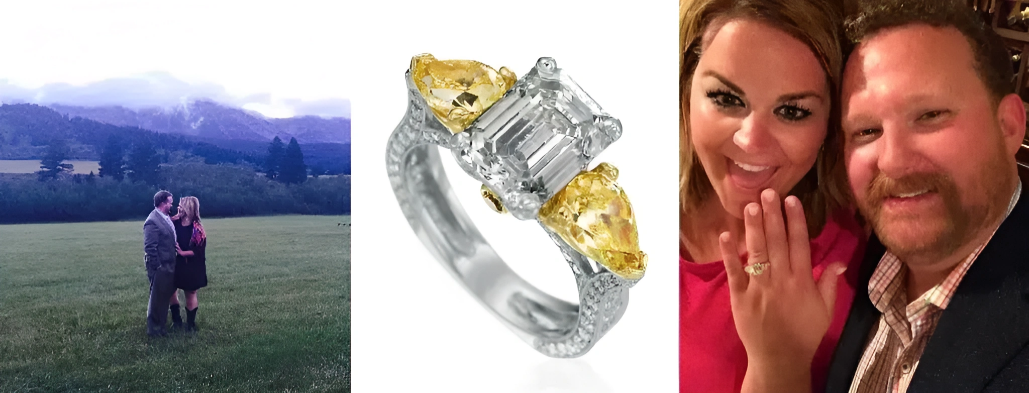 collage of a happily married couple posing in an open field, posing with the ring, and the ring itself, a silver ring with gold on the sides