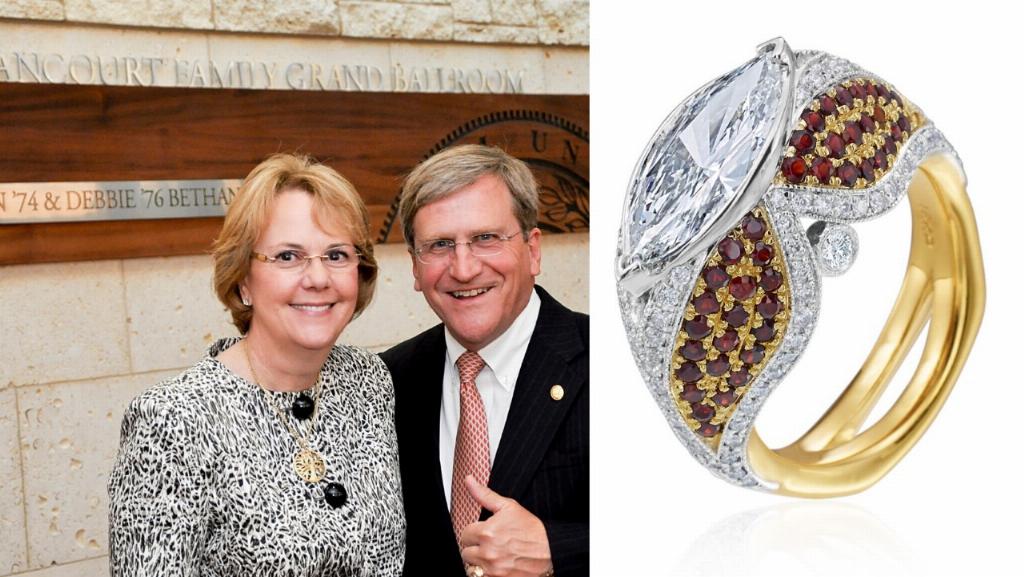 Man and woman pose with an image of a beautiful silver and gold ring next to it