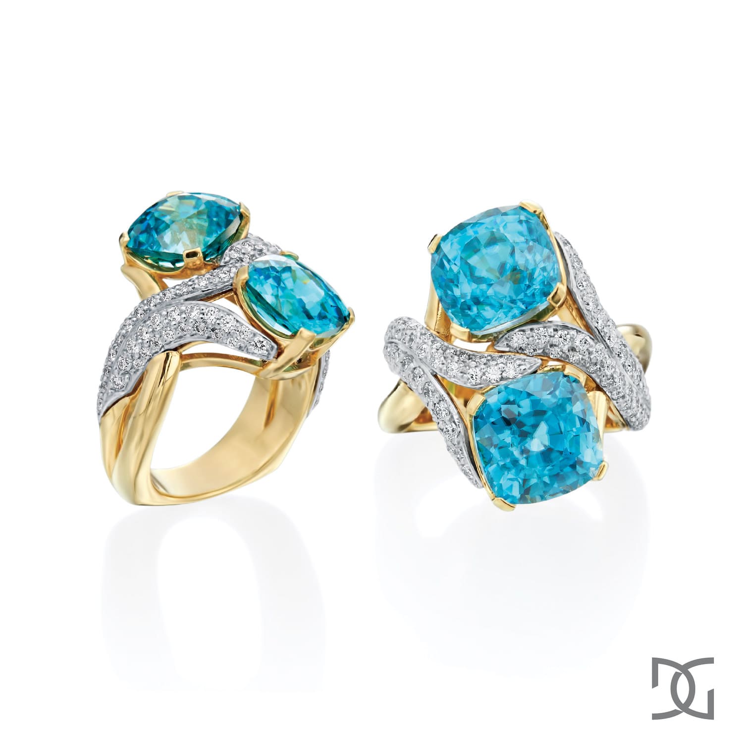 2 blue zircon and diamond rings