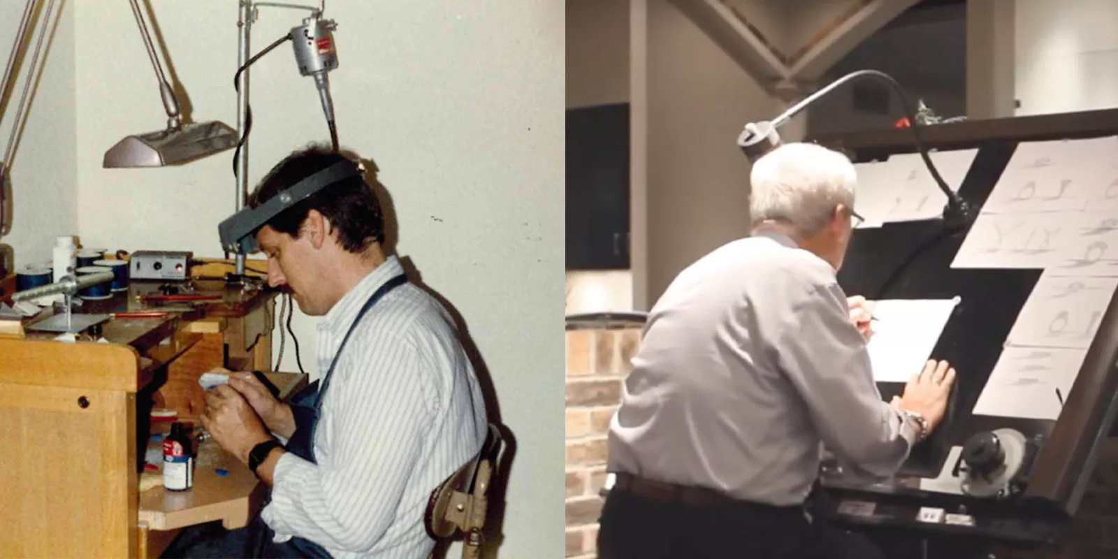 David Gardner at his bench and drawing board younger and older