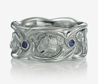 Custom men's band, silver with intricate design, blue stones