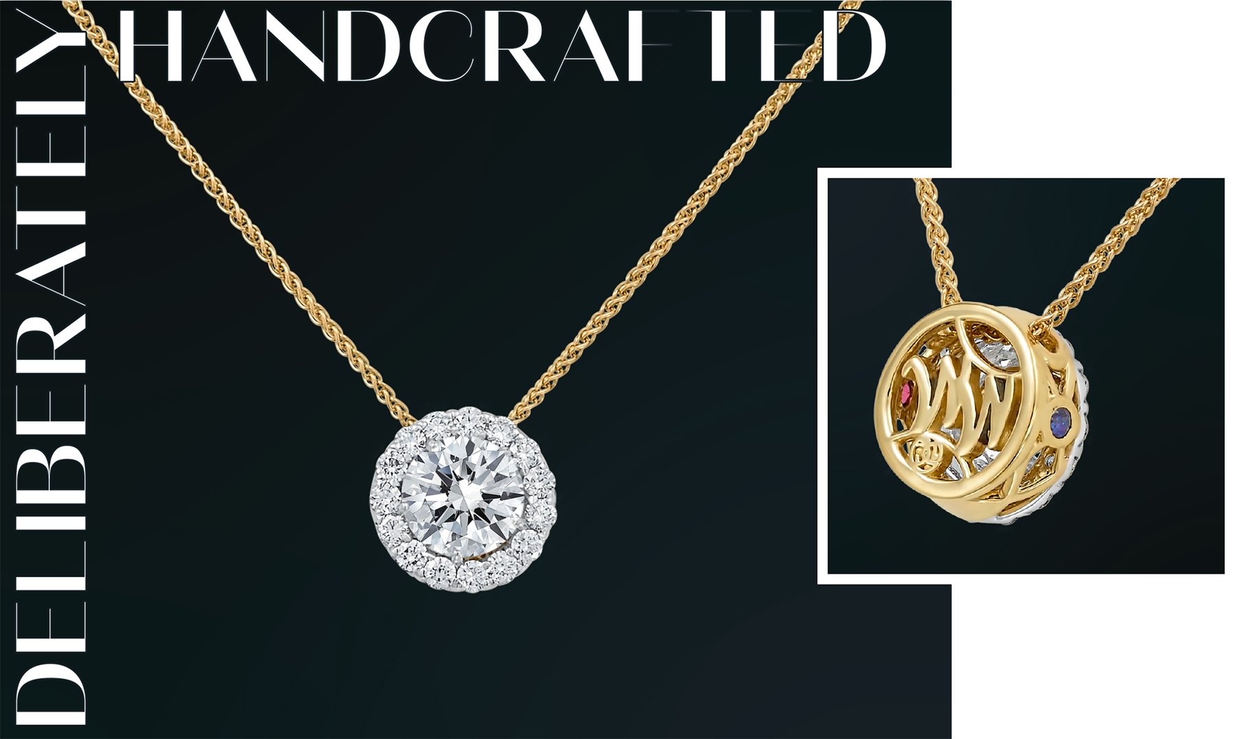 signature diamond or gold halo pendants with gold chains