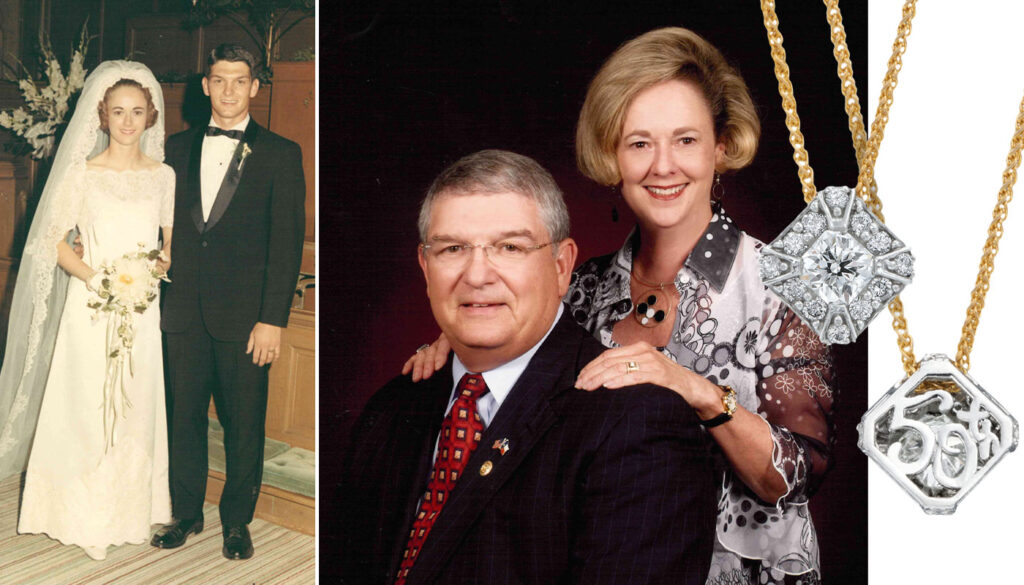 50th Anniversary Custom Diamond Pendant along side photos of a couple at their wedding and 50 years later