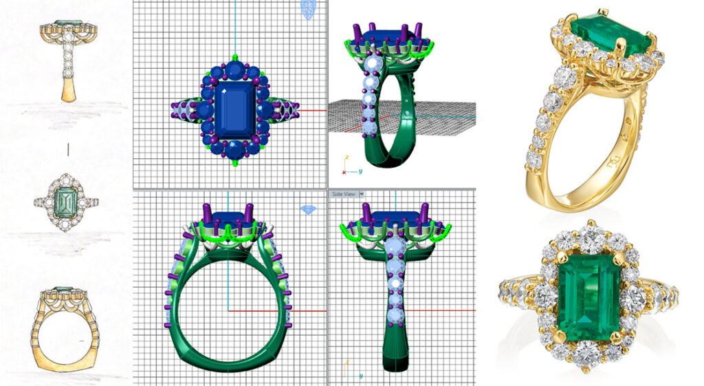 Hand drawing with CAD Drawing and final image of emerald and diamond ring in gold setting custom designed by David Gardner's in College Station