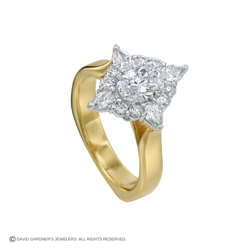 18K Yellow Gold Four Point Diamond Halo Engagement Ring