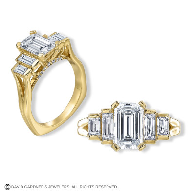Side and front view of a yellow gold solitaire diamond engagement ring with two accent stones on each side