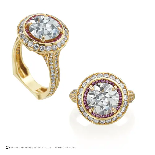 Yellow Gold Diamond Ring with bezel setting round with pink accents Custom Design by David Gardner's