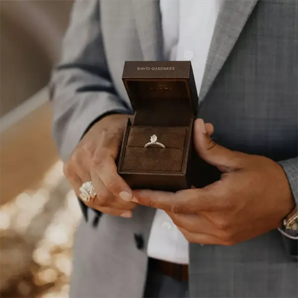 Custom Diamond Engagement Ring in box from david Gardner's in College Station