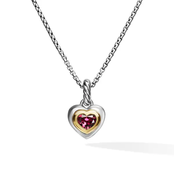 Petite Cable Heart Pendant Necklace in Sterling Silver with 14K Yellow Gold and Rhodolite Garnet, 17.1mm by David Yurman at David Gardner's