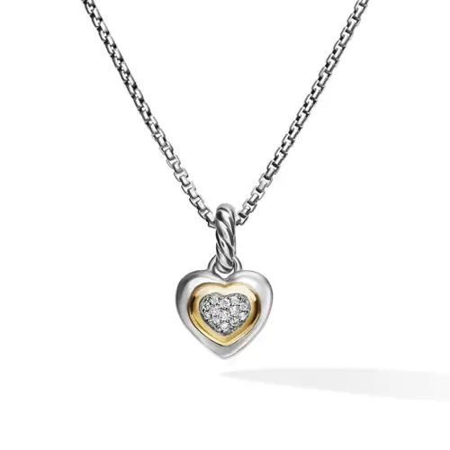 Petite Cable Heart Pendant Necklace in Sterling Silver with 14K Yellow Gold and Diamonds, 17.1mm by David Yurman at David Gardner's